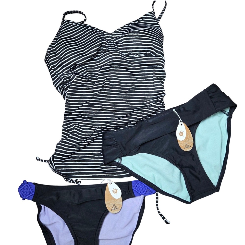 NWT Prana Tankini Swim Set Stripe 3 Piece Bikini Bottoms Ruched Drawstring XS